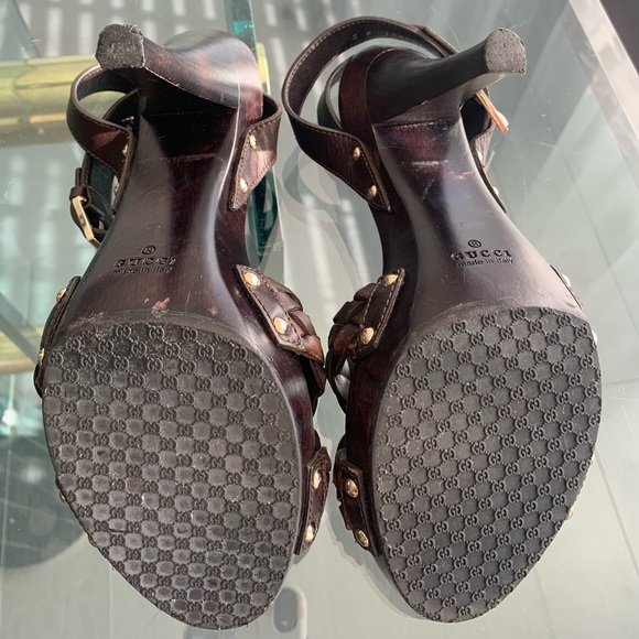 GUCCI Authentic Brown Leather High Heel Wooden Sandals with Gold Stud accents - Picture 7 of 8